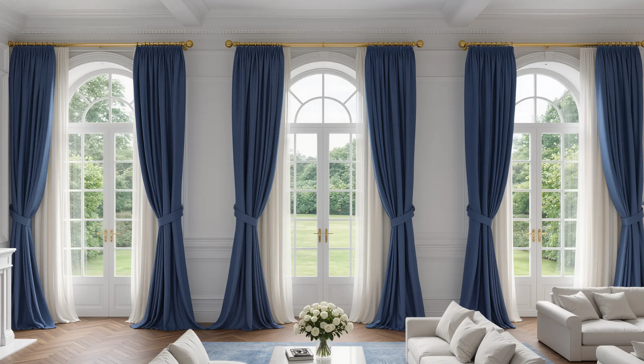 Grand estate living room with floor to ceiling blue drapery panels Highland Park Dallas