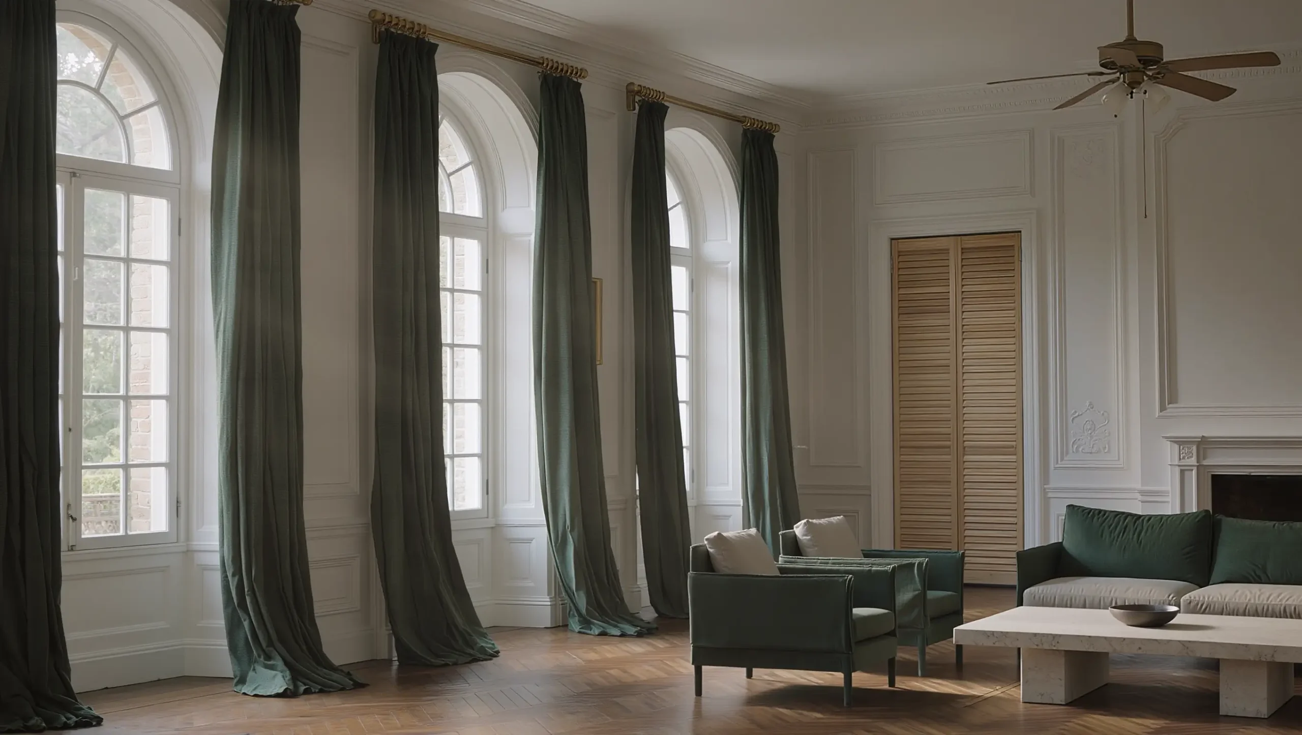 Elegant room with dark drapery panels natural light Dallas Texas