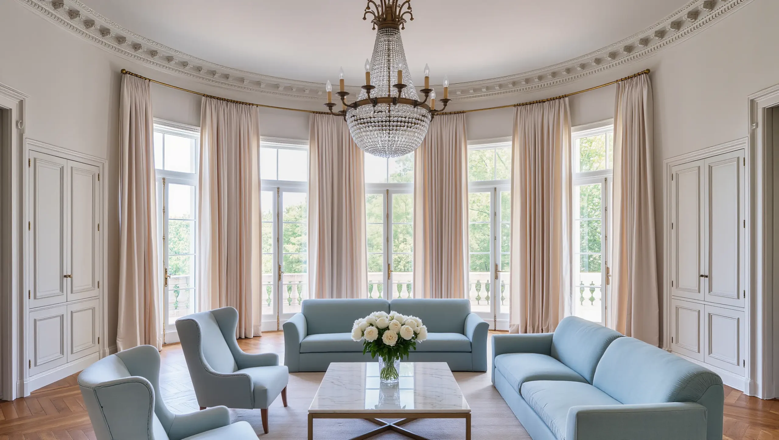 Floor to ceiling drapery panels framing grand arched window estate Dallas Texas