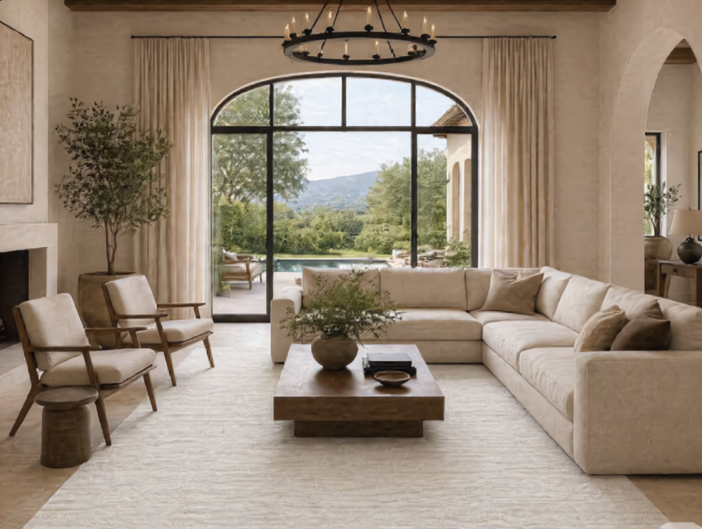 Luxury living room with floor-to-ceiling custom drapery and panoramic views.