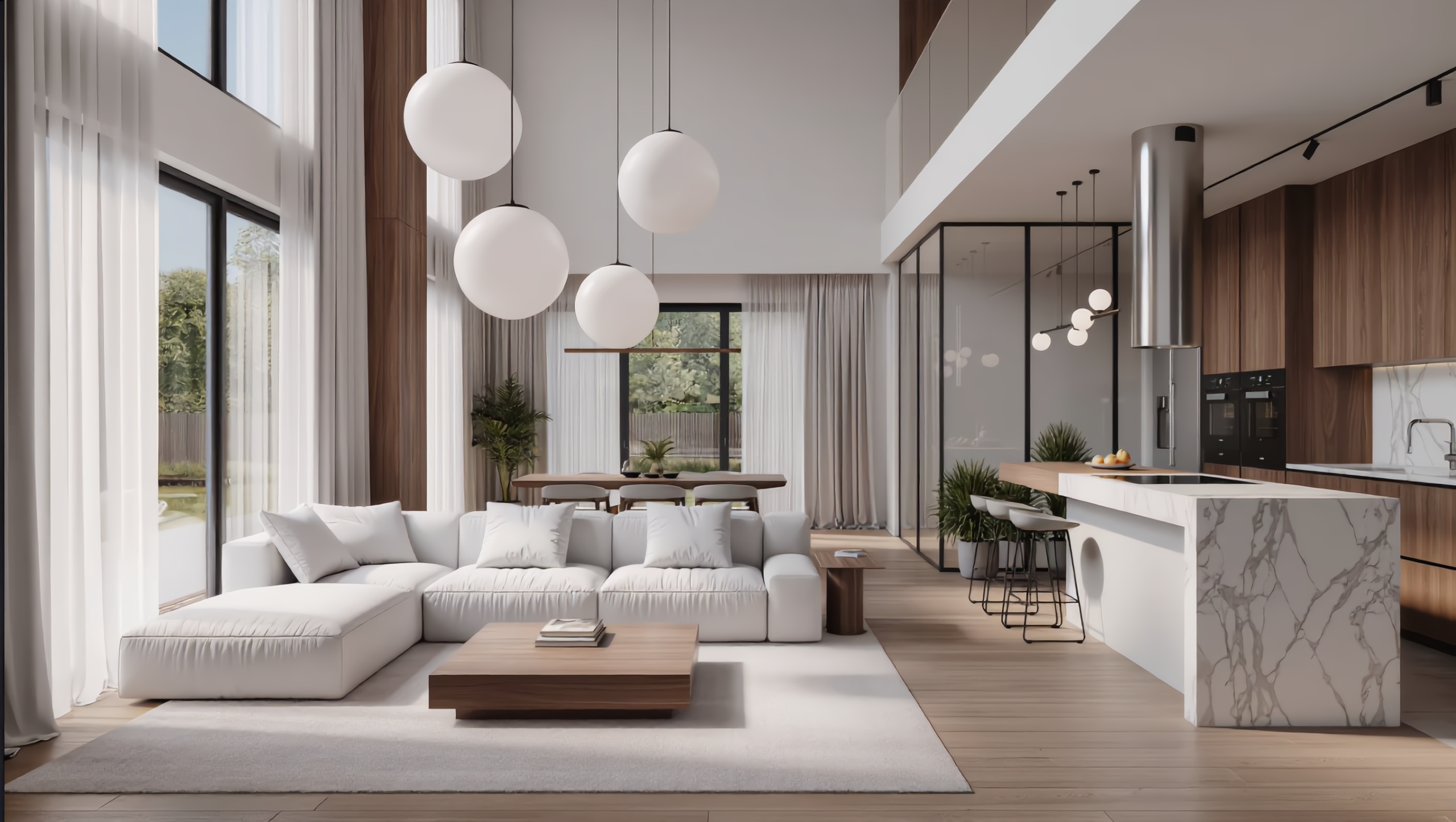 Modern luxury living room with custom window treatments and designer interiors.