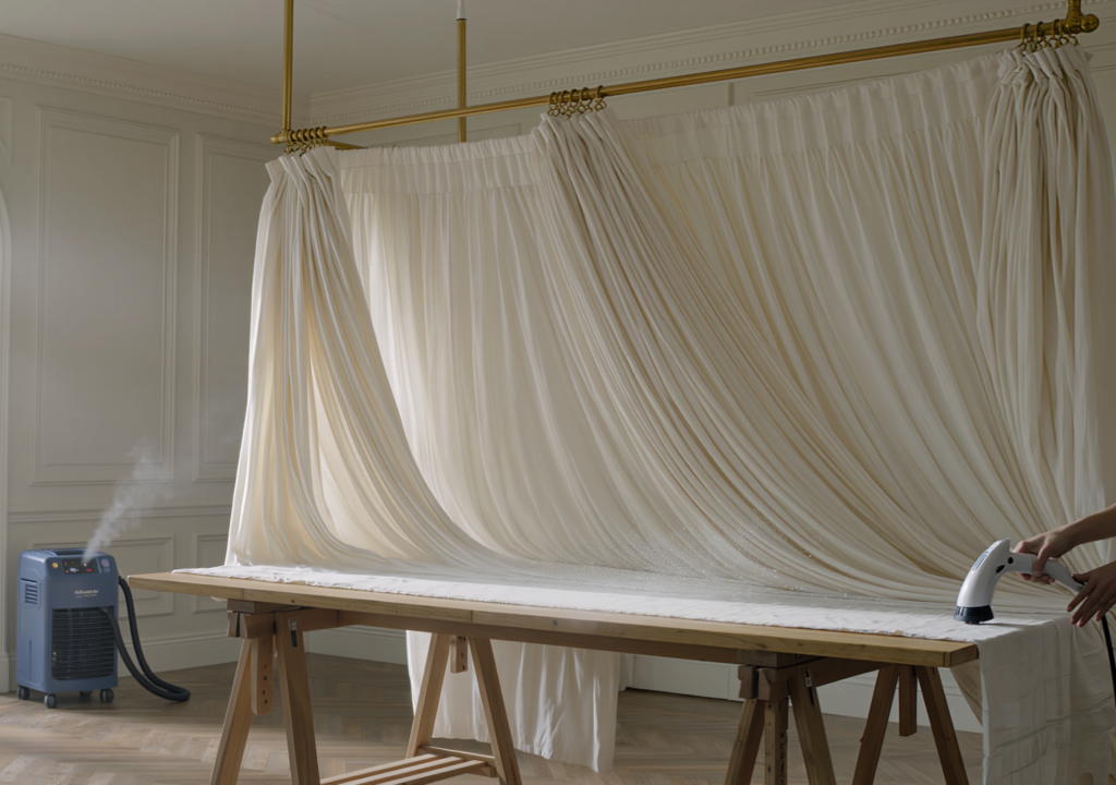 Custom drapery prepared for professional conservation in a dedicated studio environment.
